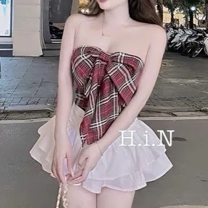 Sét bộ áo ống caro cột nơ to trước , phối chân váy ngắn xoè tầng cực hot Nữ Women