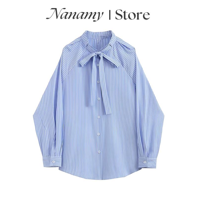 Áo Sơ Mi Kẻ Sọc Tay Dài Nữ Hàn Quốc Local Brand Form Rộng ,màu  Xanh NANAMY SMX25 Women Cổ Tròn Top