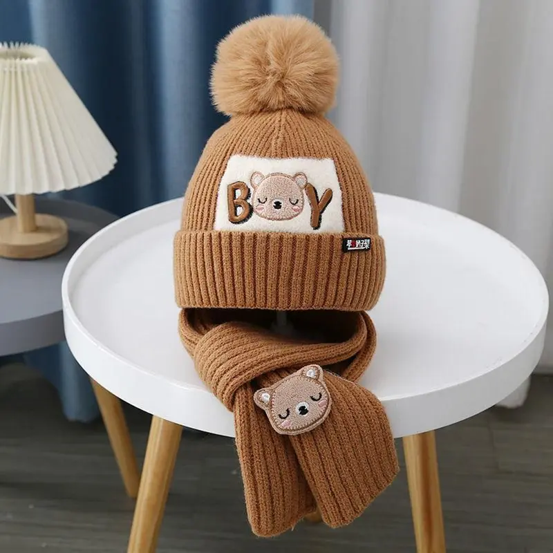 Bộ Mũ Len Và Khăn Quàng Quàng Cổ Cho Em Bé Hình Gấu Dễ Thương, 2 Chiếc, Mùa Đông, Với Pompom, Mũ Dệt Kim Cho Trẻ Sơ Sinh, Màu Trơn Thiết Kế Hoạt Hình, Mũ Bảo Vệ Tai Cho Trẻ Em Voi 7