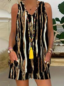 Women's Striped Print Tank Top & Shorts Two-Piece Set, Casual Sleeveless V Neck Top & Shorts for Summer, Ladies Clothes for Daily Wear