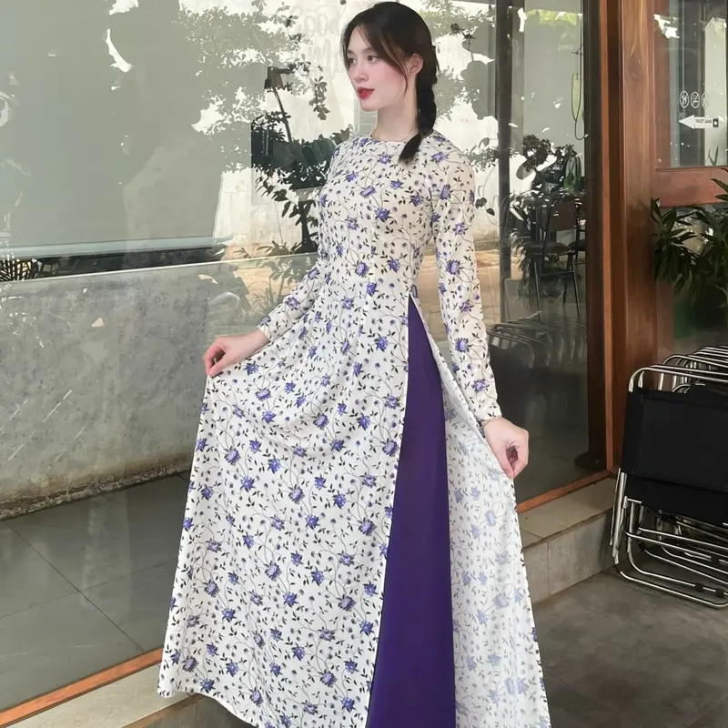Bộ áo dài lụa in 3D cao cấp kèm quần lụa sang trọng. Women Nữ 6
