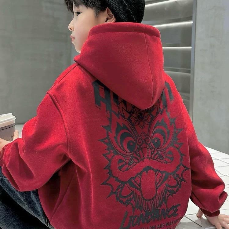 [22-50KG] ÁO NỈ HOODIE ĐỎ DÀI TAY CÓ LÓT LÔNG DÀY ẤM IN HOẠ TIẾT LION, ÁO MẶC TẾT, ÁO MŨ DÀY ẤM 0