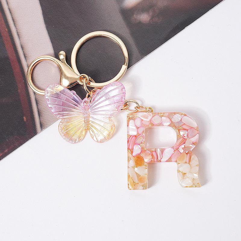Product Introduction of [QQQ]Pink Dream Butterfly 26 Letters A To Z Resin Keychain 26 Initials White Stone  Leaf Pendant Keyring Backpack Charm Bag Decor 32