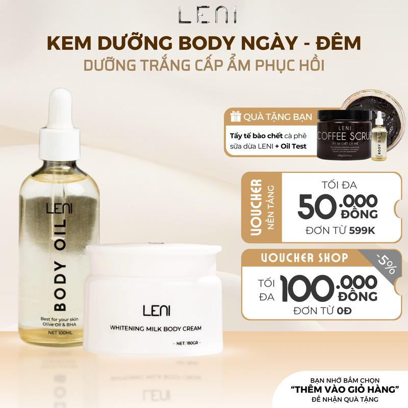 [Tặng 1 TẩyTBC] COMBO DƯỠNG TRẮNG & CẤP ẨM TOÀN DIỆN: KEM BODY VÁNG SỮA + BODY OIL LENI Nữ Waxing