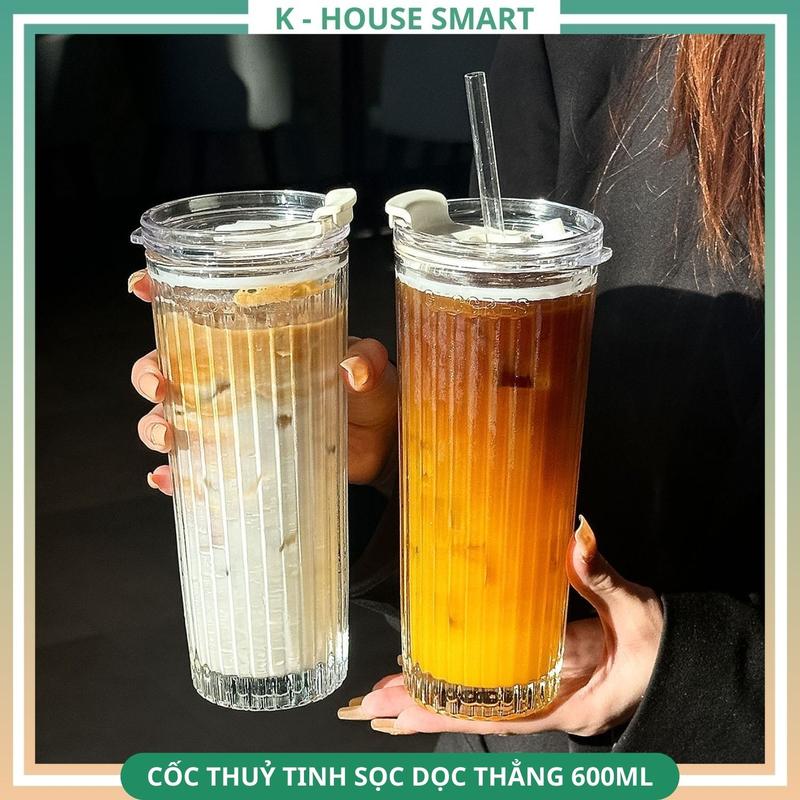  Cốc thuỷ tinh sọc dọc thẳng K House Smart 600ML cốc thuỷ tinh trang trí cute có nắp đậy ống hút SD1 