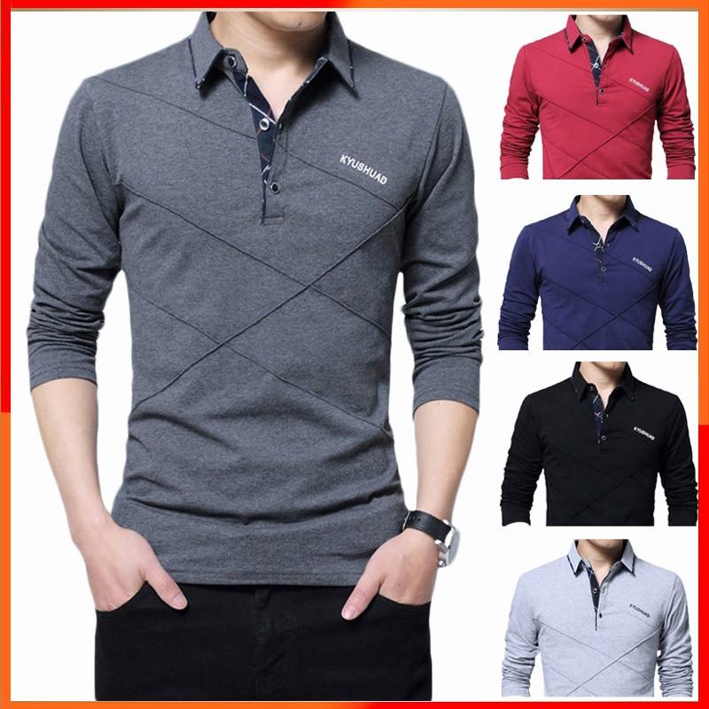 Áo Thun Trơn Cho Nam, Chất Liệu Cotton, Áo Polo, Cổ Áo Bẻ Ngược, Thiết Kế Sọc, Phong Cách Thời Trang Đường Phố, Dài Tay, Ngoại Cỡ 5XL, Áo Polo Lelaki