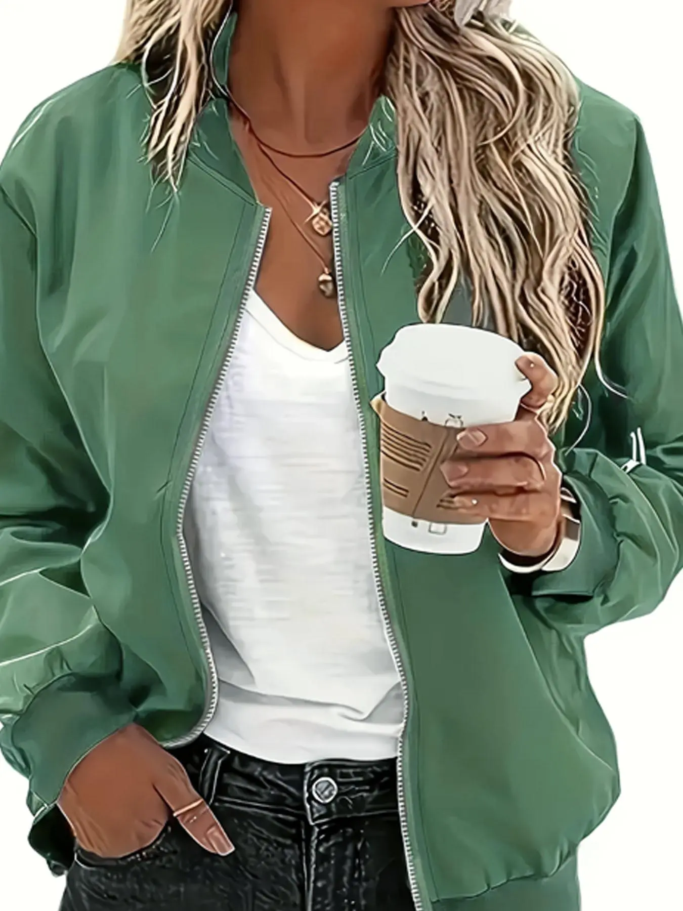 【Plus Size】 Solid Drop Shoulder Zip Up Jacket, Casual Long Sleeve Baseball Collar Outerwear for Spring & Fall, Women's Clothes for Daily Wear