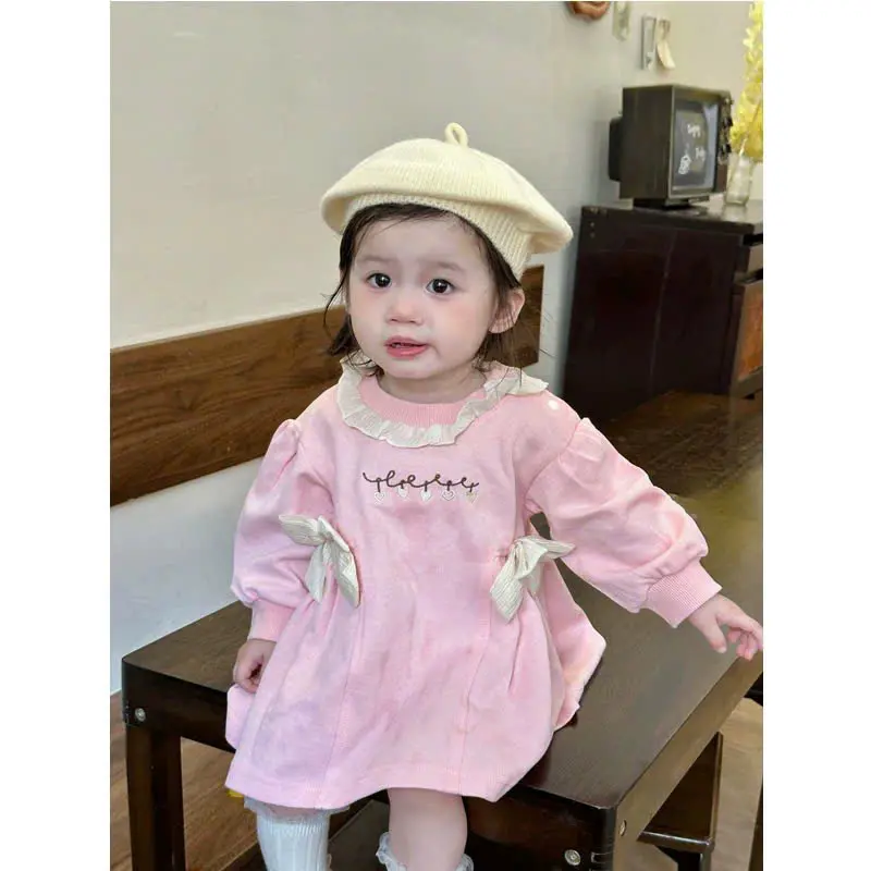 6-18KG VÁY bé gái chất nỉ da cá phối cổ ren đính 2 nơ siêu xinh cho bé