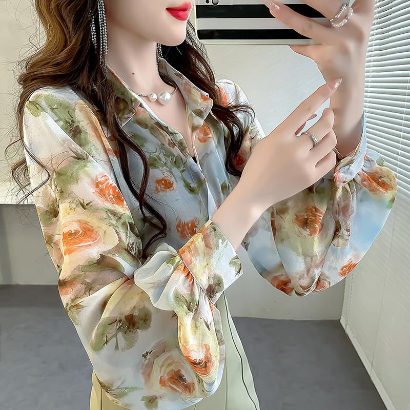 Áo Sơ Mi In Hình Hoa Hồng, Dành Cho Nữ, Áo Voan Bán Trong Suốt, Phong Cách Cổ Điển Dáng Rộng Vừa Vặn, Áo Khoác Tay Phồng Ngoại Cỡ, Có Sẵn Để Vận Chuyển 24H