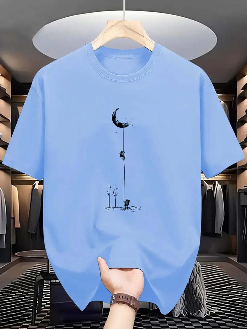 Product Introduction of Men's Moon Landing Graphic T-Shirt - Comfortable & Stretchy, Perfect for Summer Outdoor Activities | Street Casual Style with Round Neck in Black, Burgundy, Dark Green, Blue, Grey Customized Photo T-shirt 4