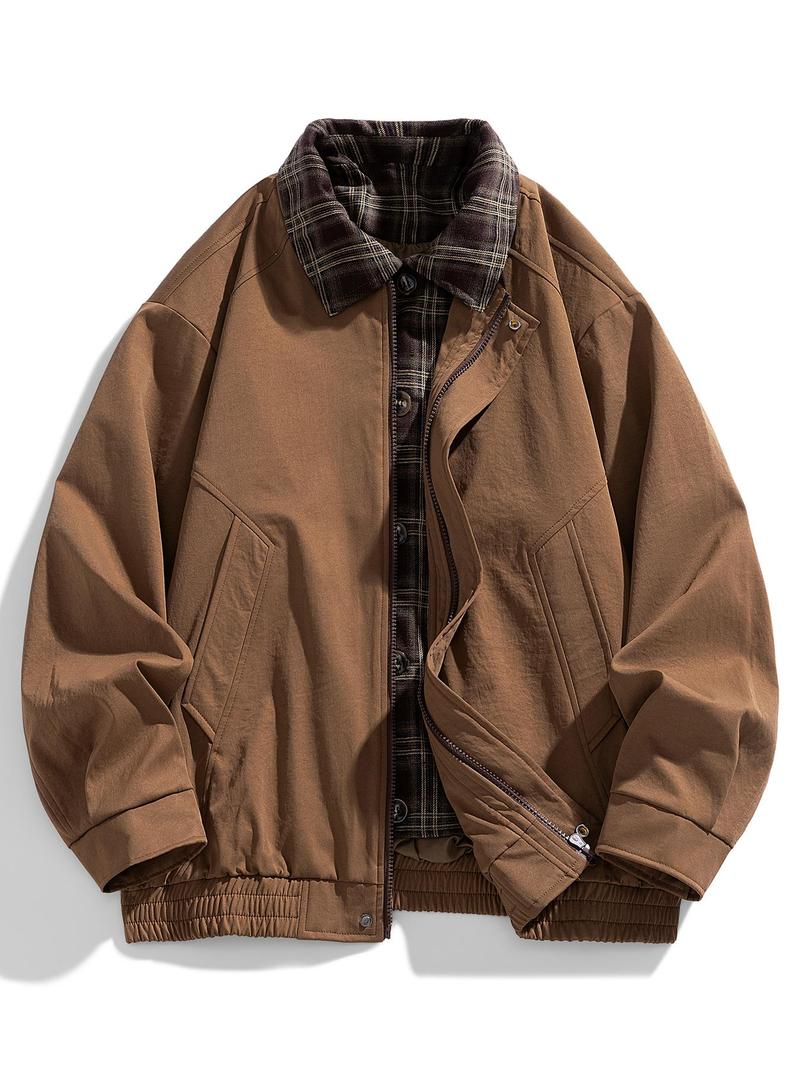 Product Introduction of Men's 2 in 1 Plaid Print Jacket, Loose Casual Comfy Long Sleeve Collared Outerwear for Spring & Fall, Fashion Men's Clothes for Daily Wear 1