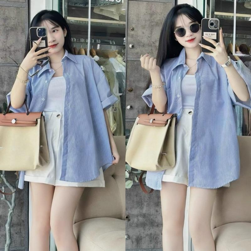 Set Đồ Nữ 3 Món Áo Trong Croptop Mix Quần Đùi Ống Rộng Cài Nút Thật Kèm Khoác Ngoài Sơ Mi Kẻ Sọc Xinh Xắn Dành Cho Các Nàng Diện Đi Chơi Women Kaki Nhung Kem