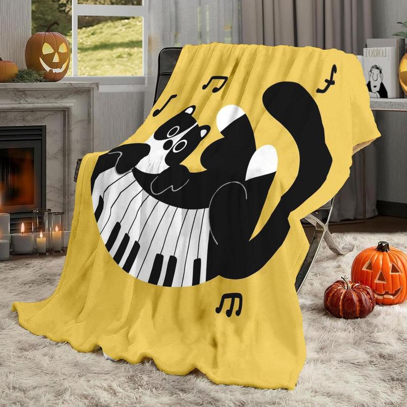 Product Introduction of Cat & Piano Pattern Blanket, 1 Count Soft Comfortable Warm Throw, Air-conditioned Room Blanket, Warm Nap Blanket for Home & Office 5