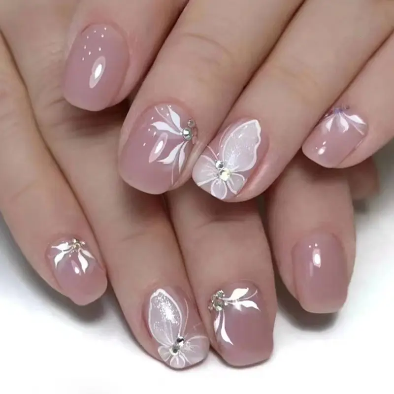 Short Sweet Aurora Fairy Butterfly Nail Art White Pure Desire Girl Diamond Style Wearable Nail Finished Fake Nails Nail