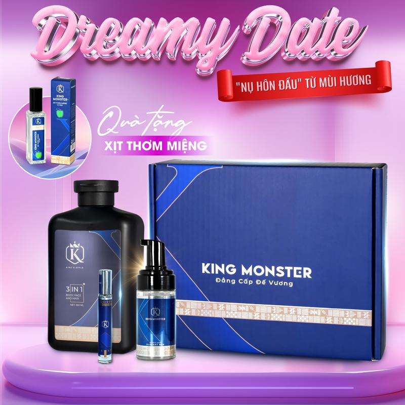 KingMonster Bộ quà tặng cho nam DREAMY DATE - Sữa tắm 3in1 350ml & DDVS 100ml & Nước hoa nam cao cấp 10ml   Tặng 1 xịt thơm miệng   Dưỡng Thể 