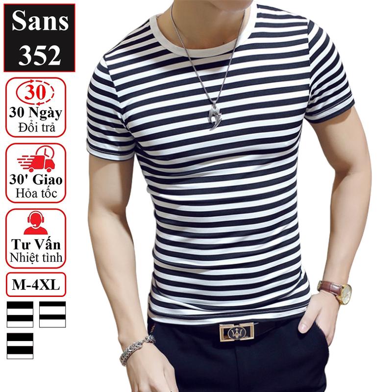 Áo thun nam sọc ngang Sans352 unisex tay ngắn cổ tròn co dãn cao cấp size lớn 3XL 4XL kẻ trắng đen