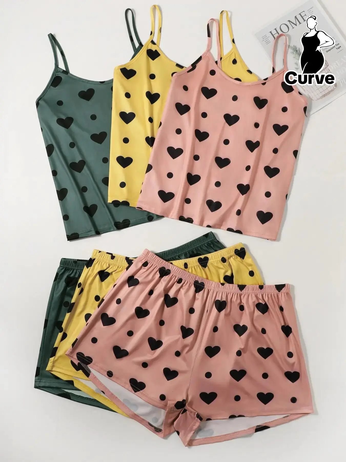 Plus Size 3pcs Heart Print Cami Top & 3pcs Elastic Waist Shorts Pyjama Set, Casual Comfy Sleeveless Spaghetti Strap Camisole & Shorts Pj Set Summer, Women's Sleepwear for All Seasons