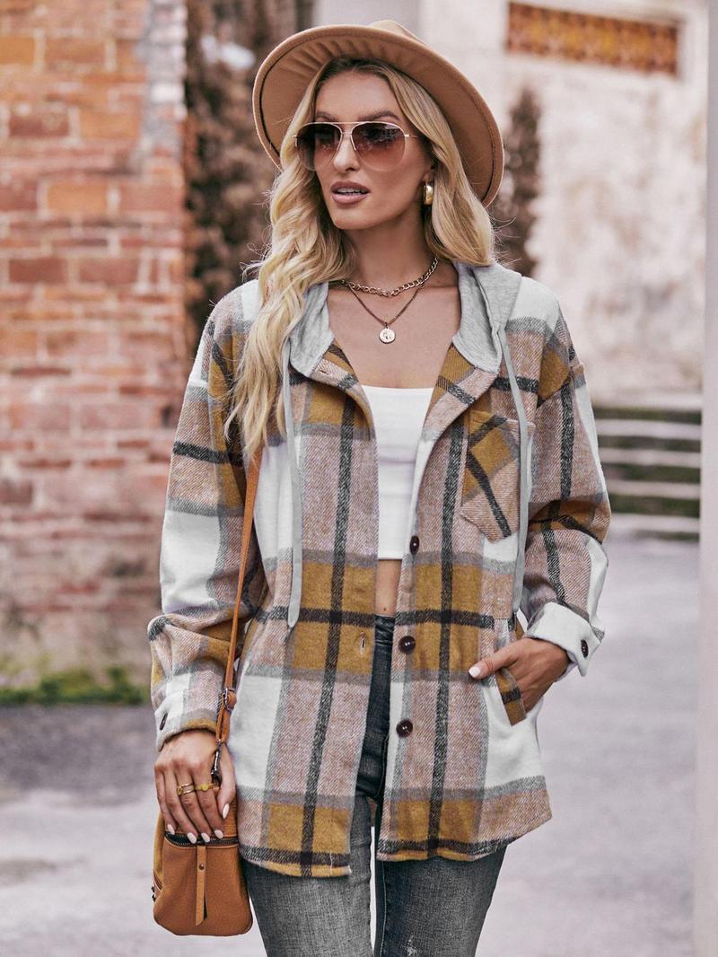 Product Introduction of Women's Plaid Print Button Front Drawstring Hooded Coat, Casual Drop Shoulder Long Sleeve Pocket Outerwear for Fall & Winter, Ladies Clothes for Daily Wear 2