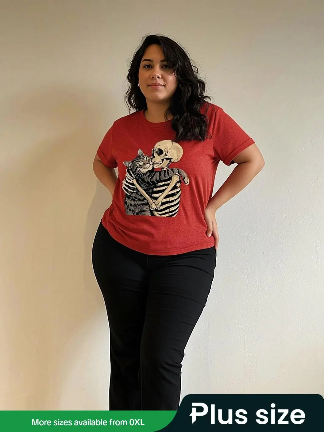 【Plus Size】 Skull Cat Print Round Neck Tee, Fashion Casual Crew Neck Short Sleeve T-shirt for Daily Outdoor Wear, Women Plus Clothing for Summer