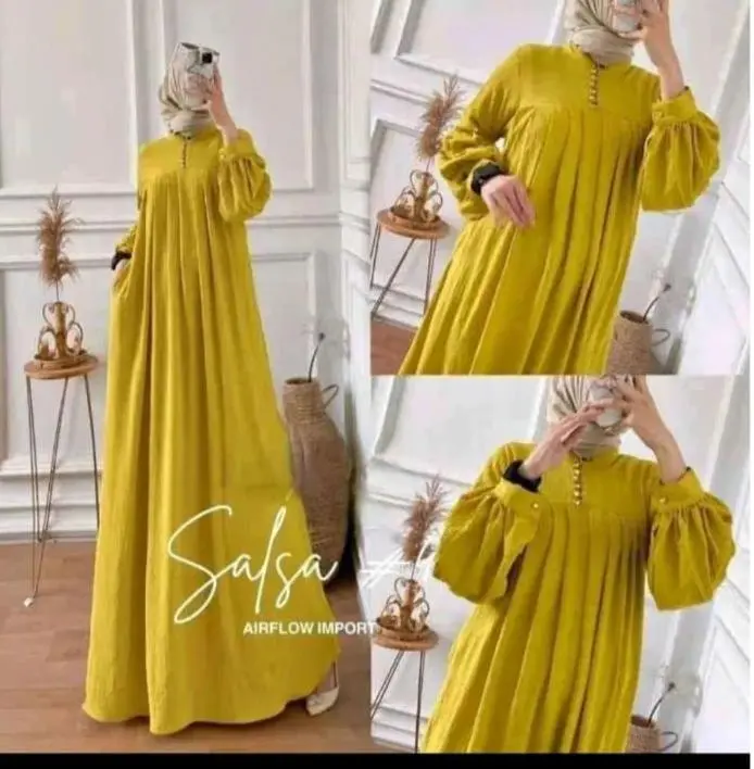 DS.Gamis salsa cringcle airflow dress busui Polos Kancing Muslim Wanita Crinkle Maxi Mewah Dewasa 2