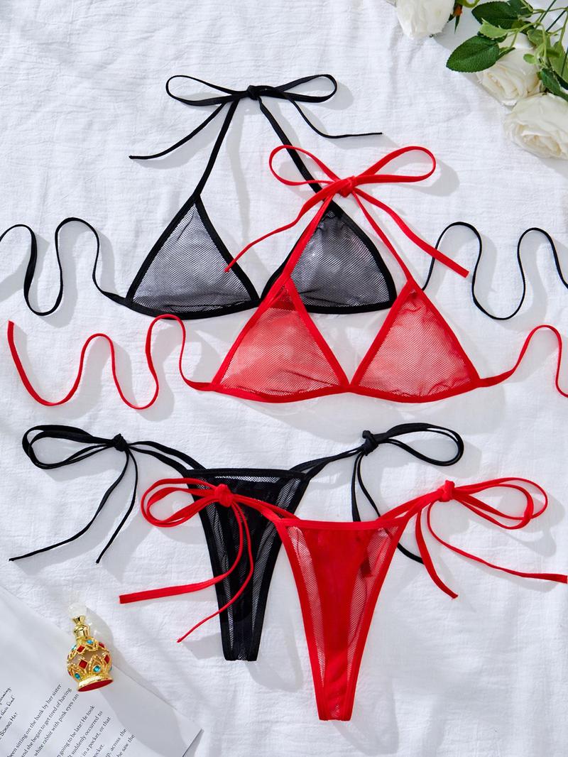 Product Introduction of Women's Solid Color Sheer Mesh Teddy Lingerie Set, Sexy Fashion Chic Tie Back  Bra & Tie Side Thong Set, Ladies Underwear for All Seasons 4