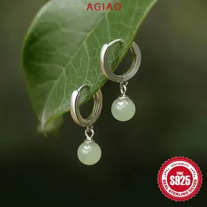 AGIAO Anting Gesper Bulat Manik-manik Jade 8mm Gaya Cina Pendek Wanita
