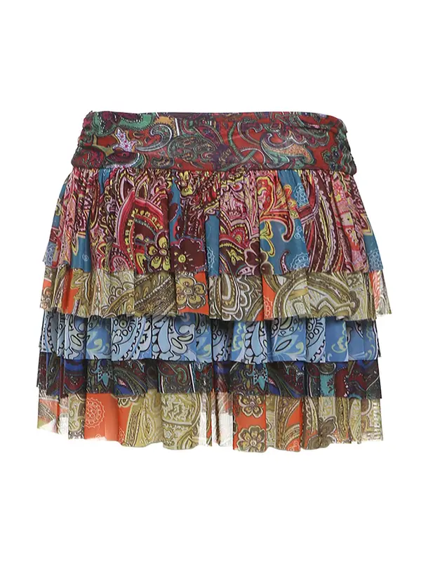 Women's Patchwork Print Tiered Layer Mesh Skirt, Casual Fashion Short Skirt for Daily Holiday Vacation Wear, Ladies Bottoms for Summer, Womenswear 3