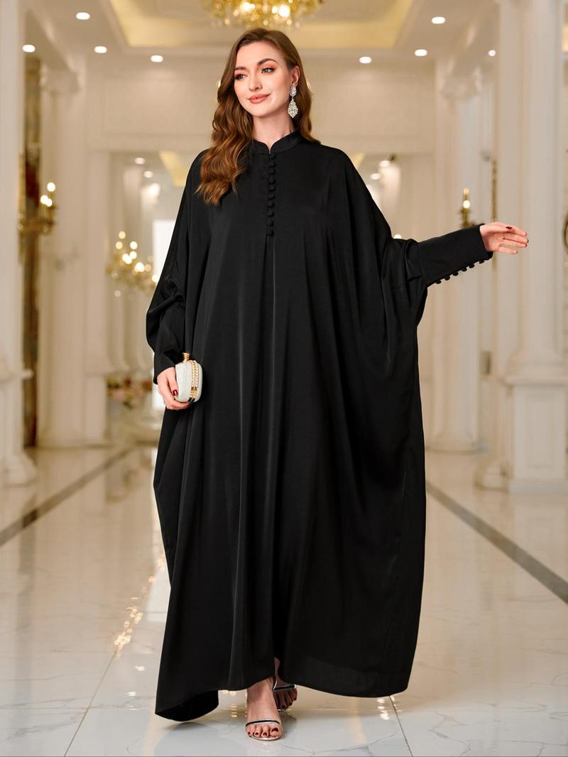 Product Introduction of Women's Solid Button Front Batwing Sleeve Abaya Dress, Elegant Button Decor Cuff Long Sleeve Stand Collar Maxi Muslim Dress for Party Holiday Wedding Guest, Ladies Fall & Winter Clothes 5