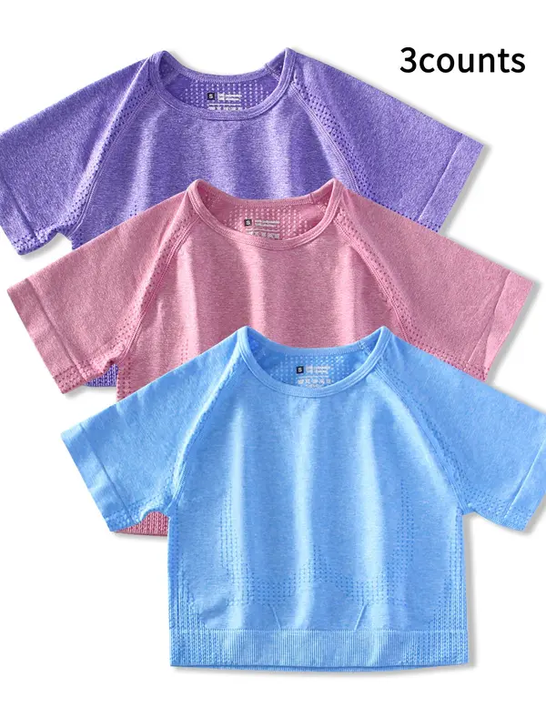 Women's Hollow Out Raglan Sleeve Crop Sports Tee, Breathable Round Neck T-shirt for Yoga Gym Workout Running, Ladies Sportswear Clothing for All Seasons 0