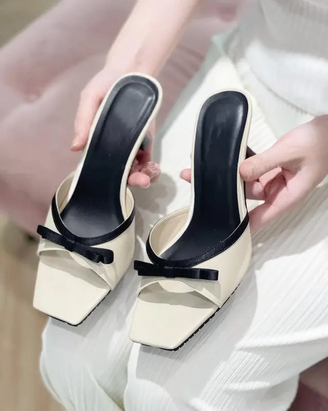 Dép cap gót nơ gót mảnh 6cm và 7.5cm phối màu đơn giản nhẹ nhàng, thanh lịch - Xưởng Giày Bánh Bèo mã DepNo2T Nữ DéP Shoes 0