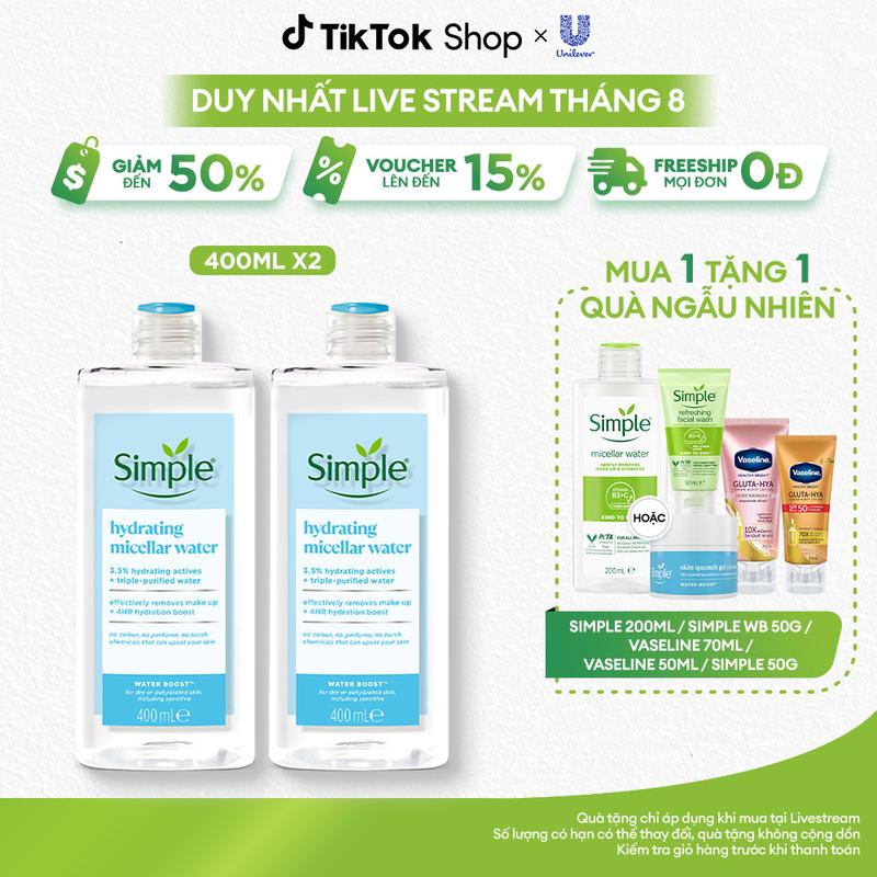 Combo 2 Nước tẩy trang Simple Micellar Hỗ Trợ Làm Sạch Trang Điểm, Không Chứa Cồn 400mlx2 Serum Cosmetic [1]