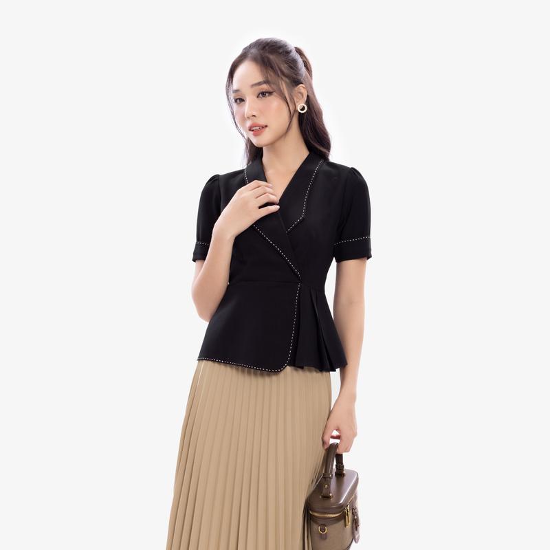 Áo Nữ đen/ nâu be peplum cổ đan tông viền chỉ trắng ASM15-19 / ASM20-04 | K&K Fashion