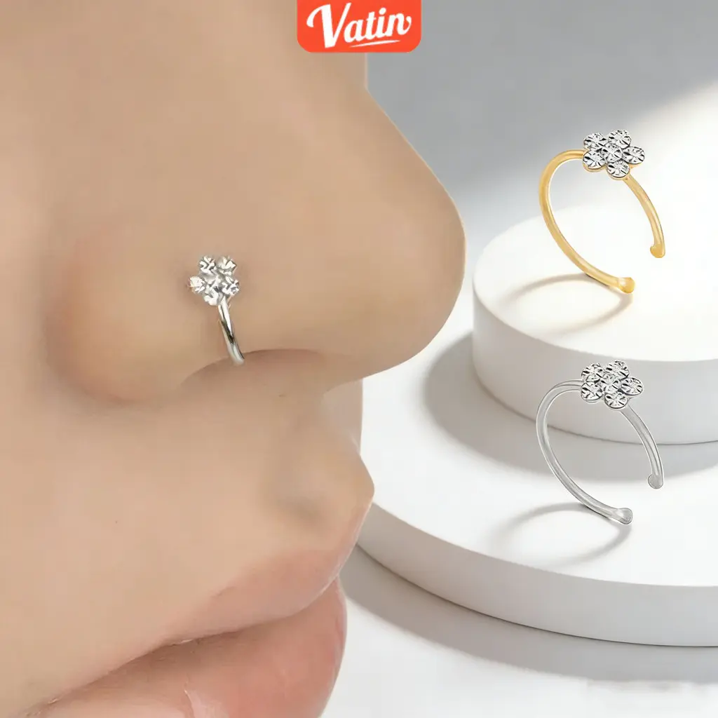 Vatin Cincin Stud Desain Bunga Plum Aksen Berlian Imitasi Sparkly Gaya Punk Untuk Hidung
