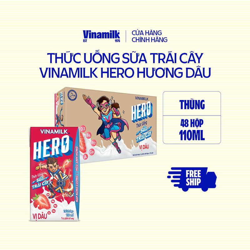 Thức Uống Sữa Trái Cây Vinamilk Hero Hương Dâu - Thùng 48 hộp 110ml
