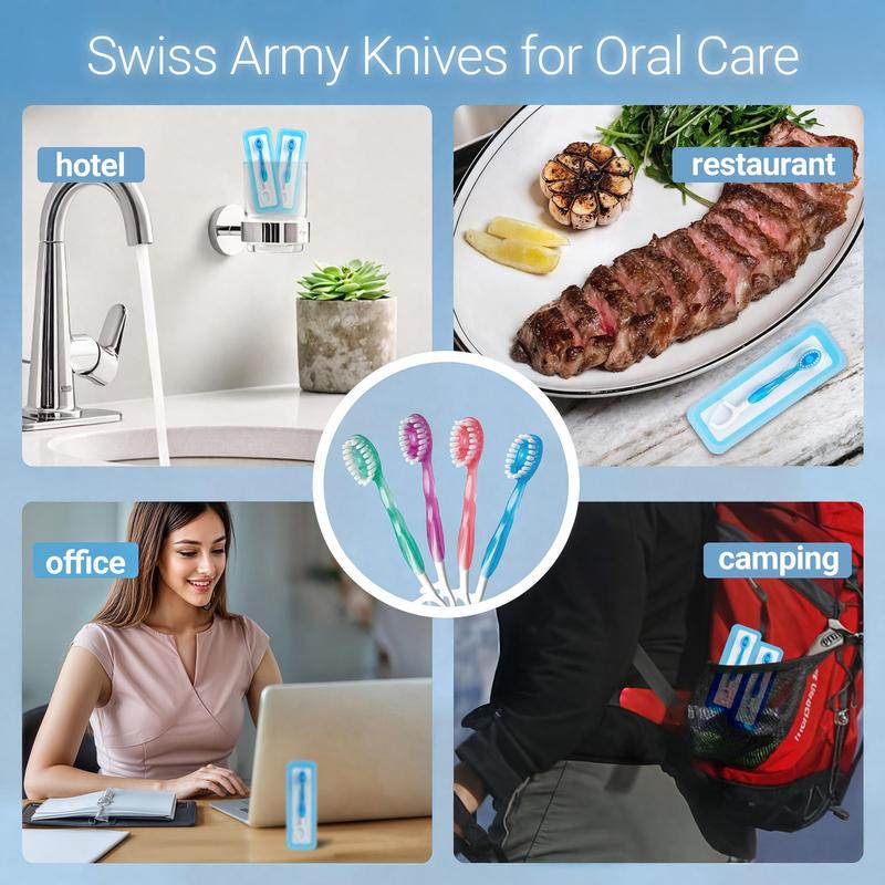 Disposable Mini Travel Toothbrush, 40pcs 5 in 1 Pre-pasted Toothbrush & Floss & Pick & Tongue Scraper, Portable Individual Pack for Travel, Breath Freshener Bead with Ice Flavor, No Water Or Rinsing, Floss Glide Easily, for Adult, Mouth Hygiene Kit 7