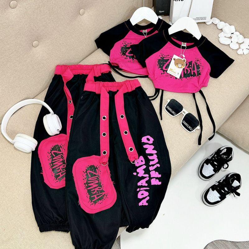 Bộ quần áo bé gái phong cách Zumba Hiphop áo rút dây quần bo túi hộp 12-35kg XHN1419