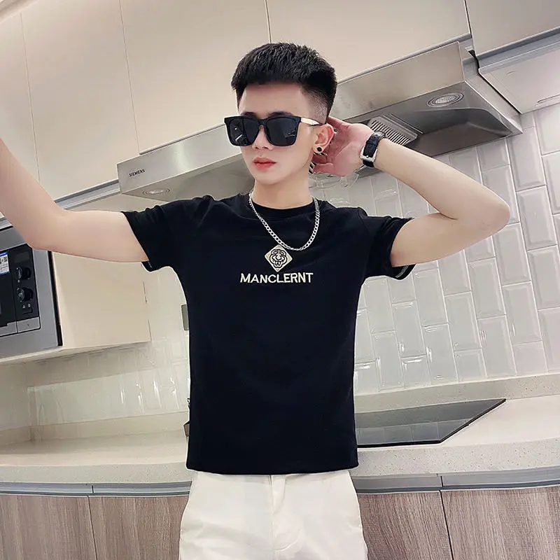 Áo Thun Ngắn Tay, Phong Cách Hàn Quốc, Dáng Ôm, In Hình, Tay Lửng, Dành Cho Nam Giới, Người Nổi Tiếng Trên Mạng Web Chàng Trai Thông Minh, Áo Lớp Cơ Sở Cổ Tròn, Mùa Hè 2024 Menswear Nhung 7