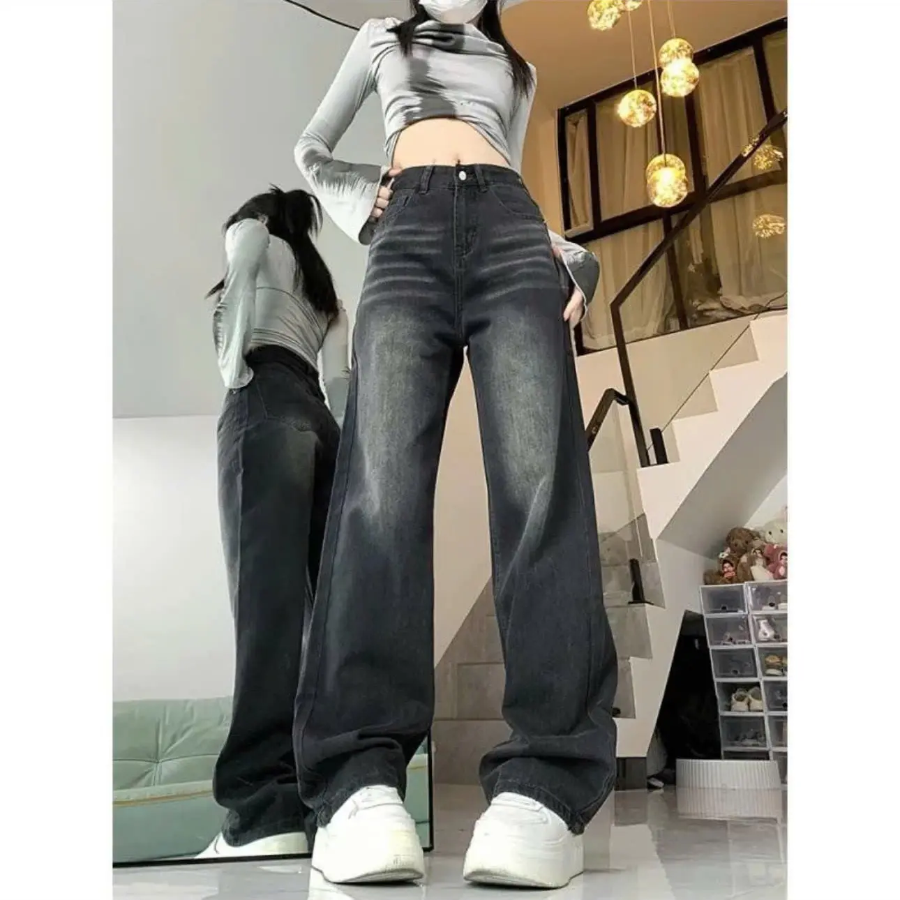 [ Size S - XL ] Quần jean ống rộng lưng cao màu RETRO, Quần bò suông hack dáng Nữ Women Nữ Women