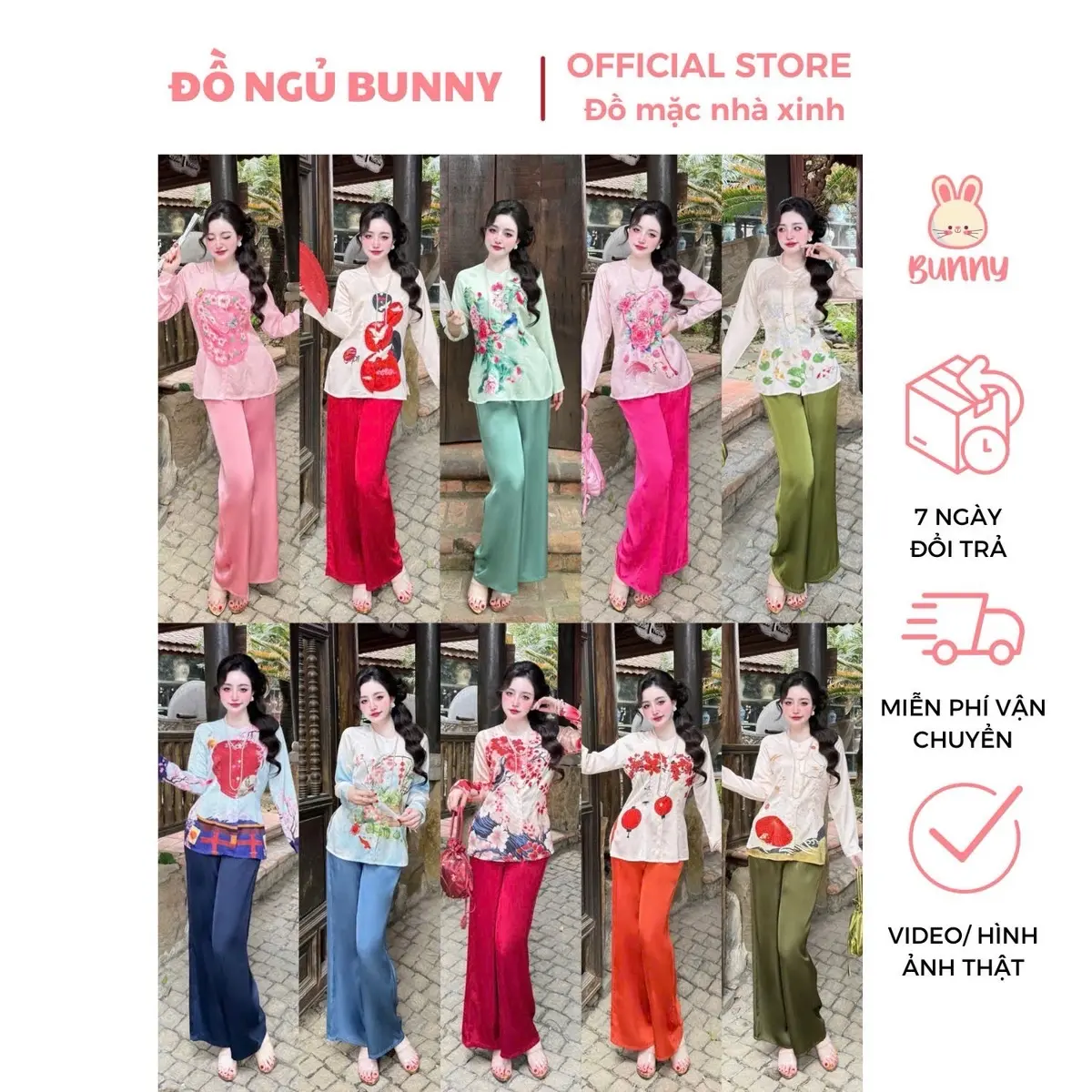 Bà Ba Tay Dài Gấm Phối Quần Lụa Latin Bunny Nữ Women