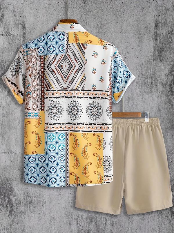 Men's Patchwork Print Button Shirt & Drawstring Waist Shorts Co-ord Set, Boho Casual Comfort Regular Fit Ethnic Pattern Short Sleeve Collared Top & Track Shorts, Summer Clothes 1