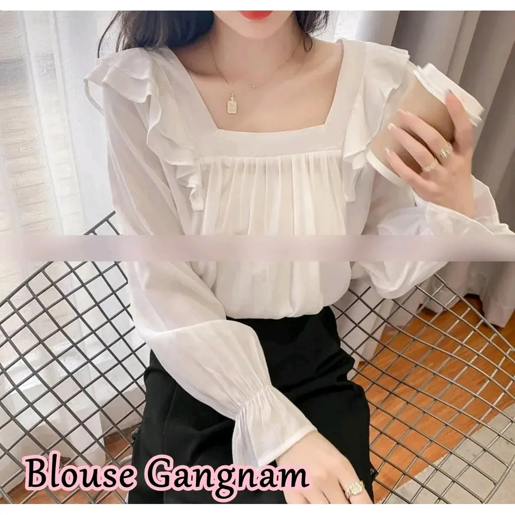 Blouse Gangnam - Atasan Wanita Model Korea Terbaru - Baju Fashion Termurah Tangan Karet Panjang