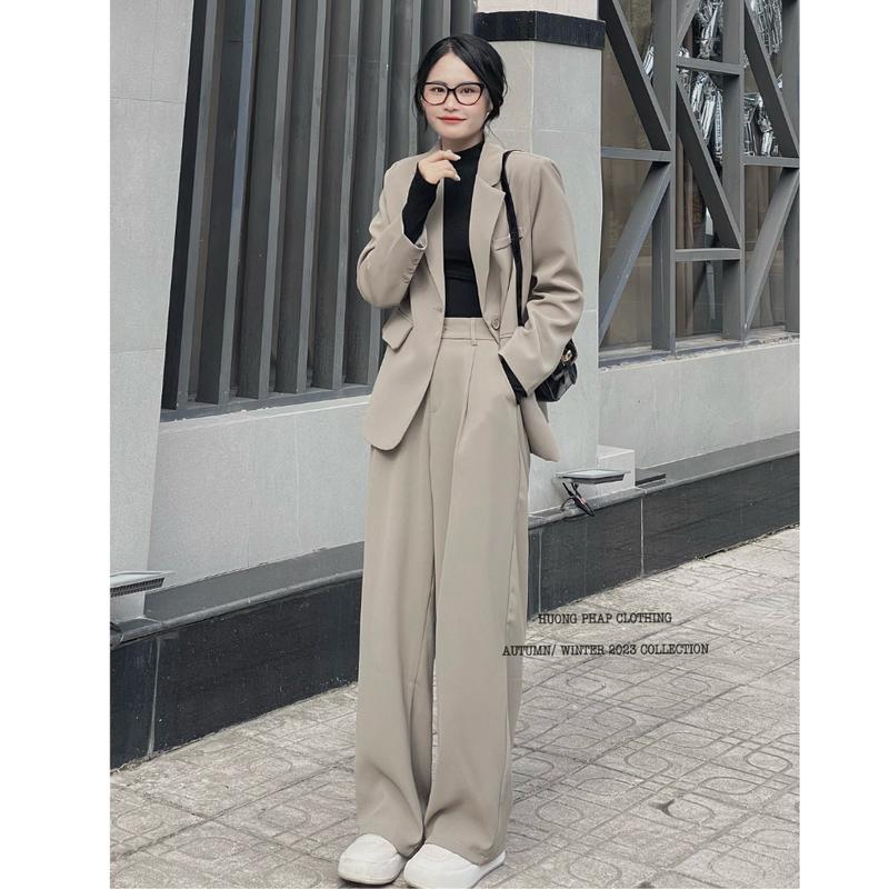 SET VEST Nữ ÁO BLAZER MÀU XÁM GHI ÁNH RÊU CÙNG QUẦN ỐNG XUÔNG ĐỨNG FORM HÀNG QC LOẠI 1 BY HUONGPHAPCLOTHING