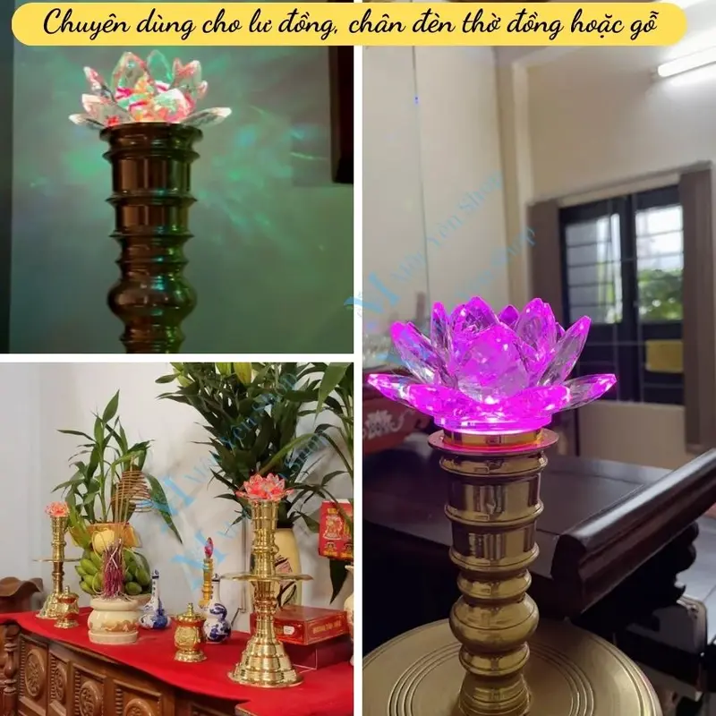 Hoa Sen Pha Lê Có LED Nhiều Chế Độ Sáng  Chuyên Để Trên Lư Đồng hoặc Chân Đèn Thờ Bằng Gỗ Hoặc Đồng 4