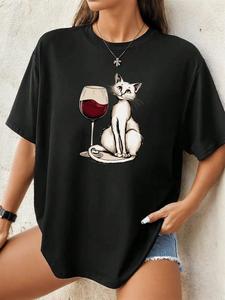 ImprinTee Women's Cartoon Cat Print Round Neck Tee, Casual Drop Shoulder Short Sleeve T-shirt for Daily Wear, Ladies Summer Outfit