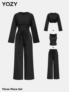 YOZY Women's Long Sleeve Crop Top & Solid Tank Top & Pocket Elastic Waist Pants Three-piece Set, Casual Fashion Cozy Breathable Three Piece Outfits for Daily Outdoor Wear, Ladies Clothes for All Seasons