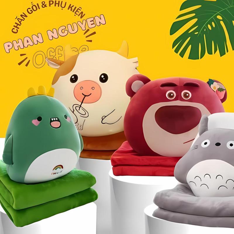 PNC Chăn gối văn phòng 3in1 nhiều mẫu - Gấu bông kèm chăn dùng ở văn phòng du lịch đi xe ôtô - Bộ gối kèm chăn hình thú - Gối văn phòng