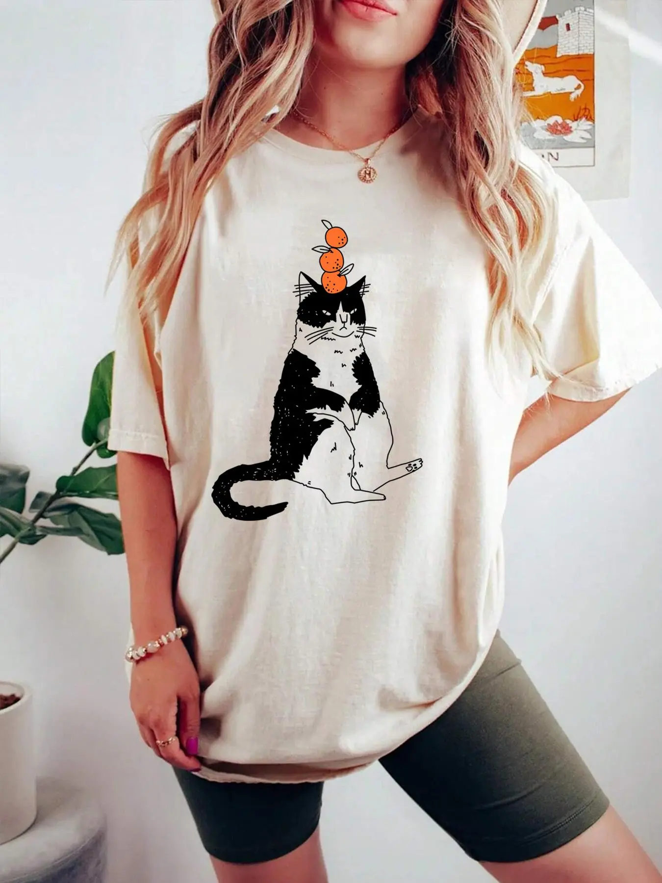 Women's Cat Print Drop Shoulder Tee, Casual Half Sleeve Round Neck T-shirt for Summer, Fashion Women's Top for Daily Wear
