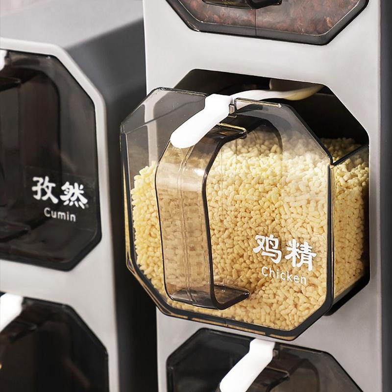 High-quality Plastic Seasoning Boxes Wall Mounted Divided Seasoning Jar With Spoon 2/3 Grid Condiment Tank Chicken 5