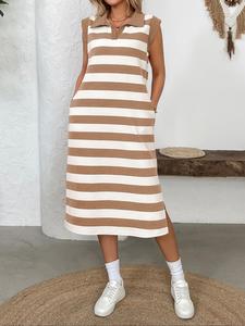 Women's Striped Print Pocket Dress, Casual Sleeveless Collared Dress for Summer, Ladies Clothes for Daily Wear