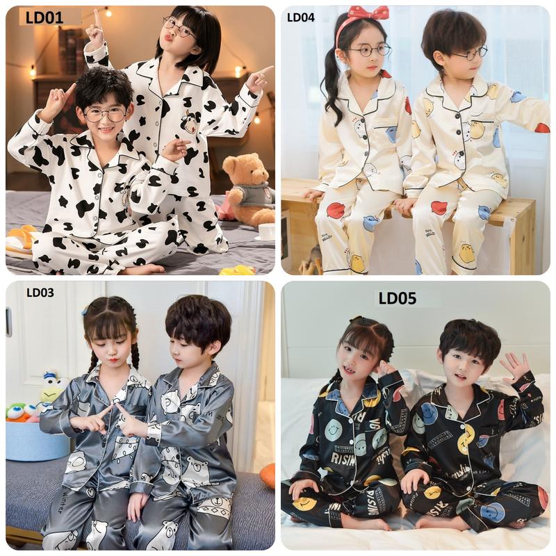 Đồ Ngủ Cho Bé, Đồ Bộ Pijama Dài Tay Bé Trai, Bé Gái Chất Lụa In Hình Cực Yêu Cho Bé 8kg - 39kg